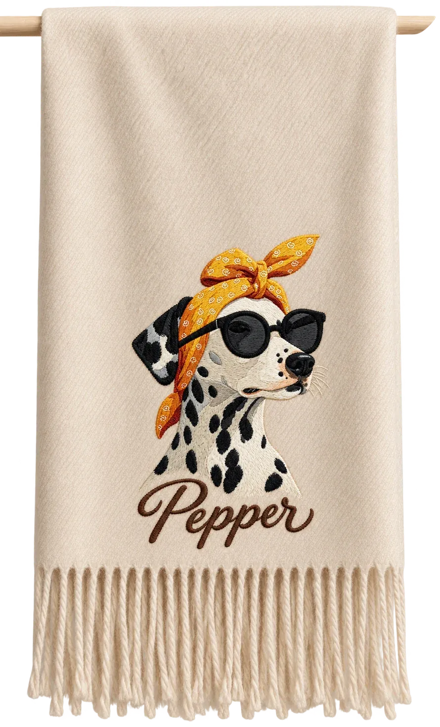 Pepper, a oat scarf: A dalmatian in a mustard headscarf and black shades, just above the fringe