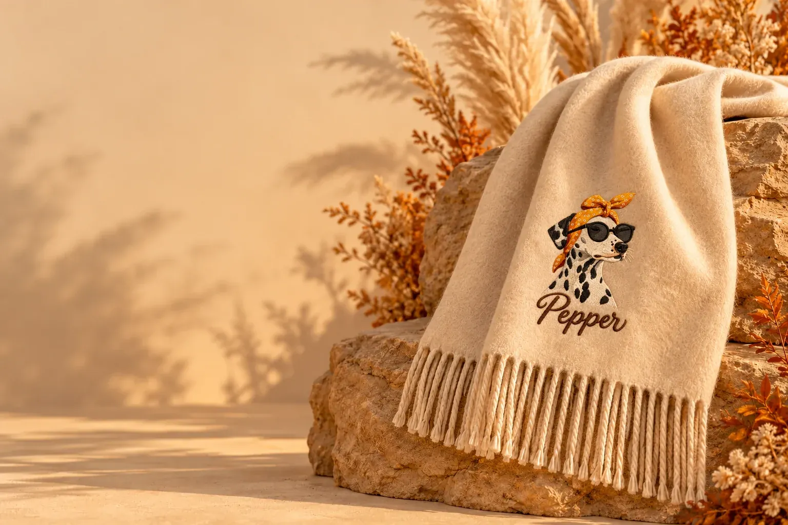 An oat fringed blanket scarf with Pepper the dalmatian in a mustard headscarf and sunglasses above the fringe, draped over a sandstone rock among dried pampas in warm light