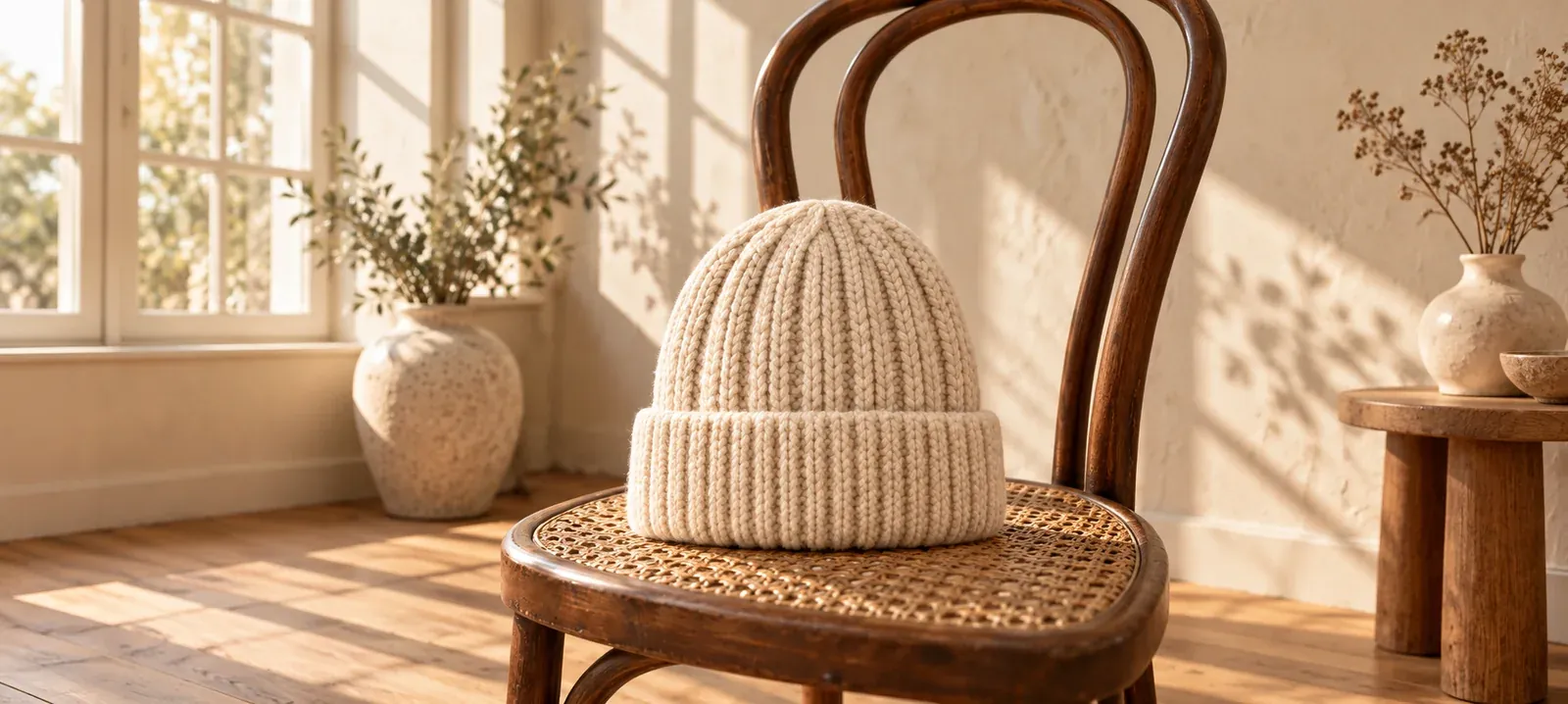 A sunlit room with the plain oat ribbed beanie on the cane seat of a bentwood chair