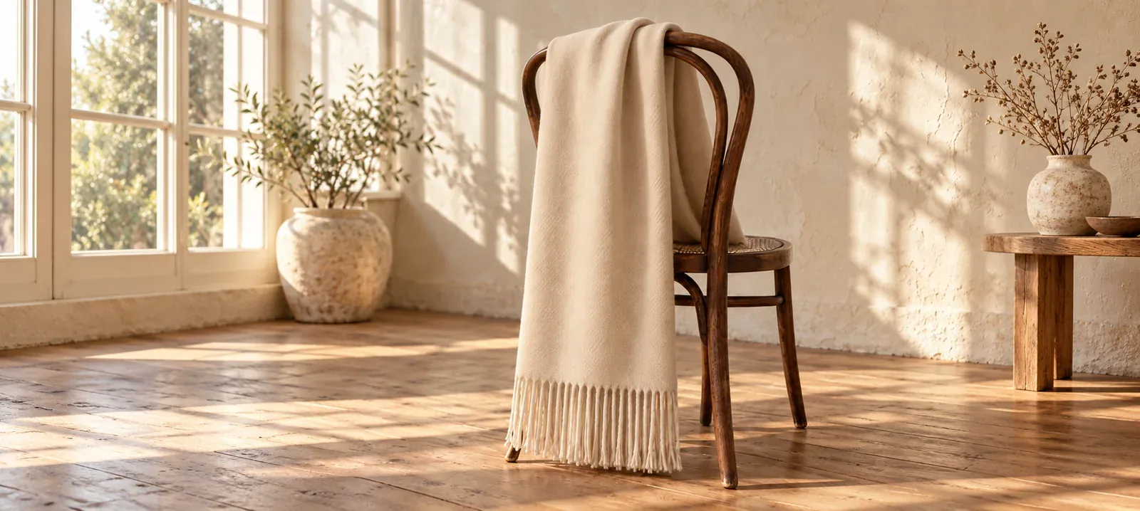 A sunlit room with the plain oat fringed scarf draped over a bentwood chair