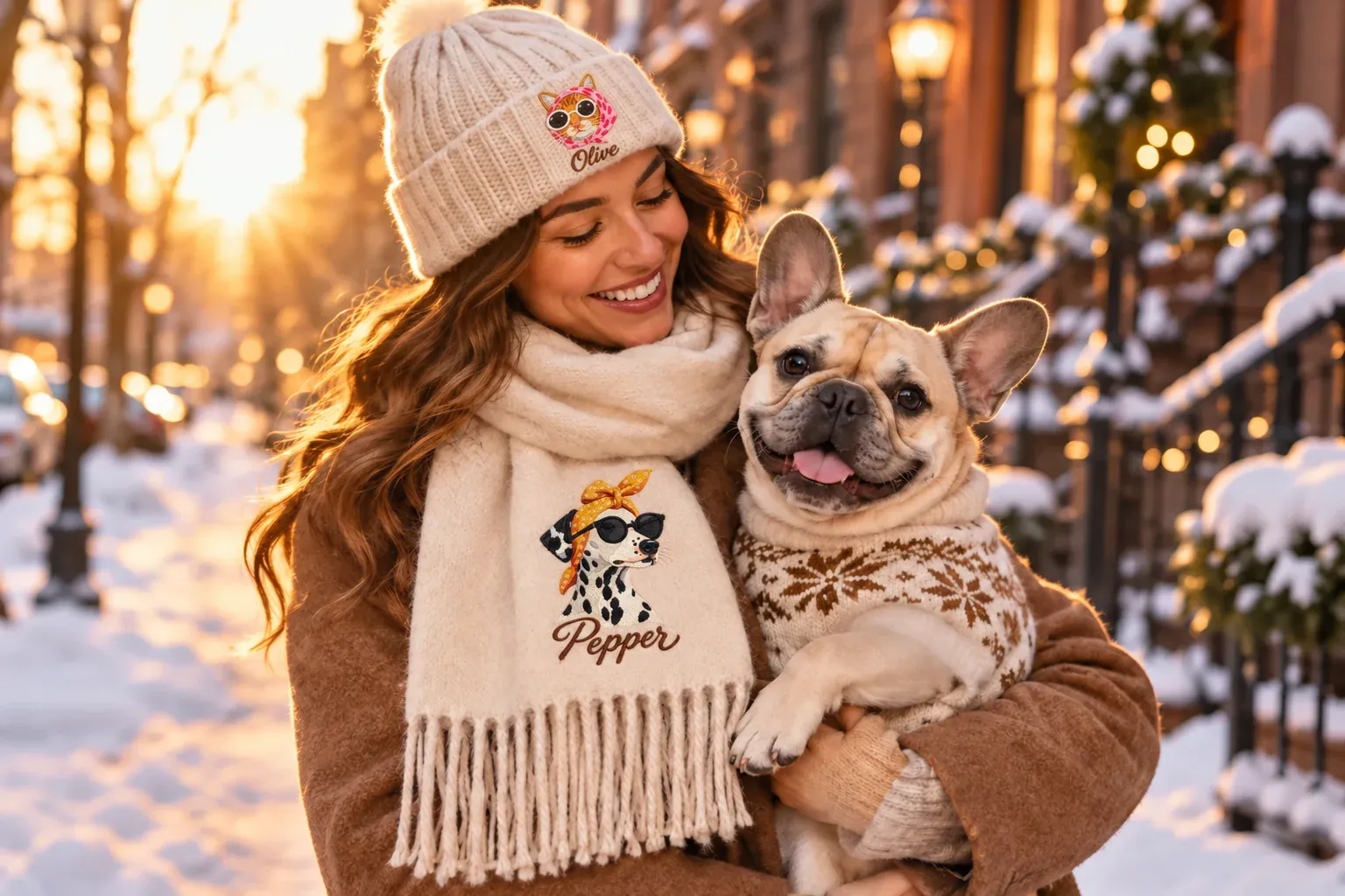 A woman on a snowy street in a cream beanie with Olive the ginger cat and an oat scarf with Pepper the dalmatian, hugging her French bulldog