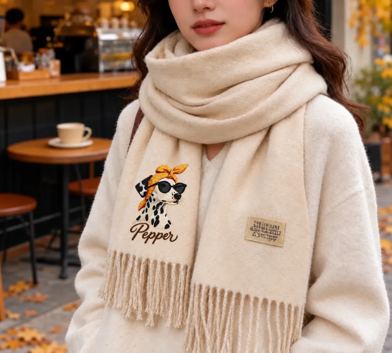 A woman outside a café in an oat scarf with Pepper the dalmatian in a headscarf and sunglasses