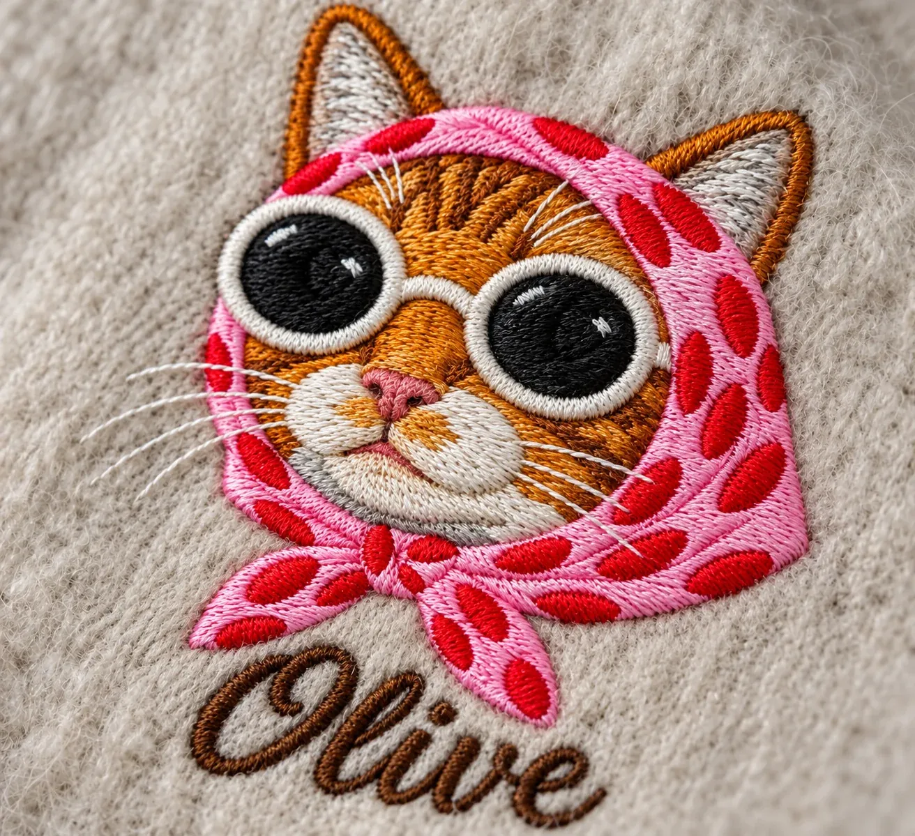 Close-up of Olive the ginger cat in a pink polka-dot headscarf and white sunglasses, on the oat beanie with her name in script